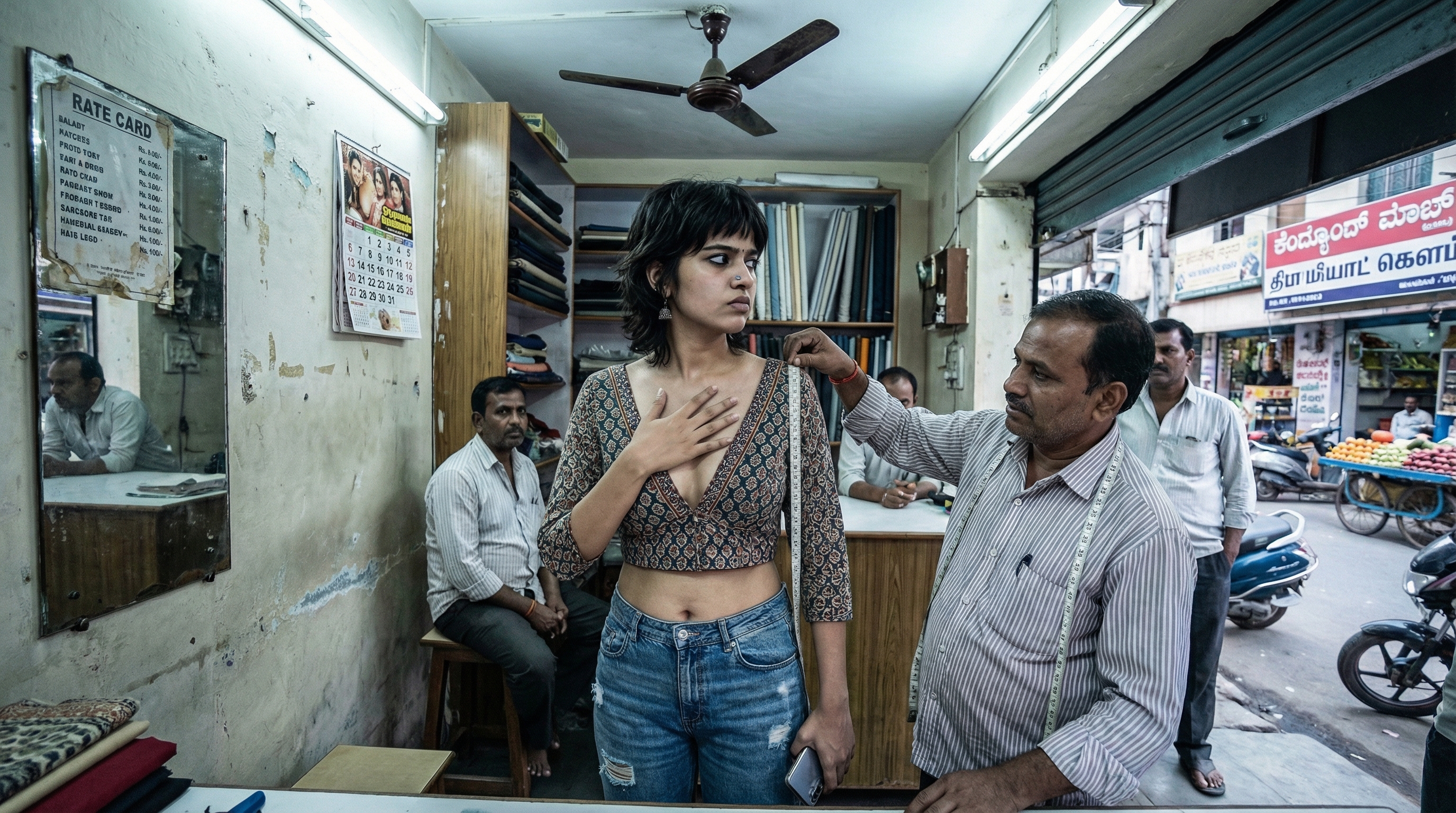 A young woman uncomfortably getting measured at a cramped traditional tailor shop in Chickpet, Bangalore
